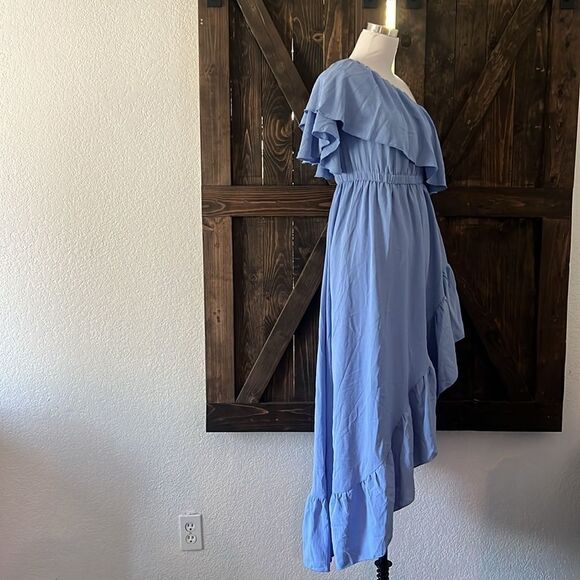 ZESICA ONE SHOULDER SLEEVELESS RUFFLE ASYMMETRICAL HIGH LOW Gown Wedding DRESS - Picture 7 of 14